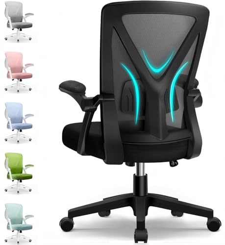 Airchros Bürostuhl Ergonomisch,Schreibtischstuhl mit Hochklappbaren Armlehnen,Einstellbare Lendenstütze,Höhenverstellbarer Chefsessel Drehstuhl,Netzstuhl mit Wippfunktion bis 125°,Schwarz