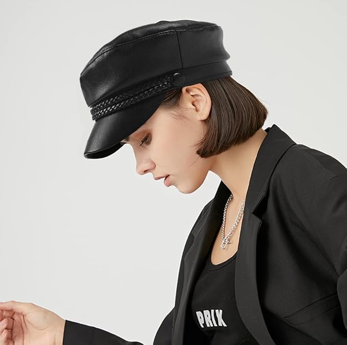 Lulurose Women Fiddler Cap Newsboy Hat PU Leather Visor Beret Cap Paperboy Gatsby Hat Black