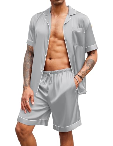 Image of Ekouaer Mens Satin Pajamas Set Button-Down Short Sleeve Shirt Top Soft Silk Sleepwear Shorts with Pockets