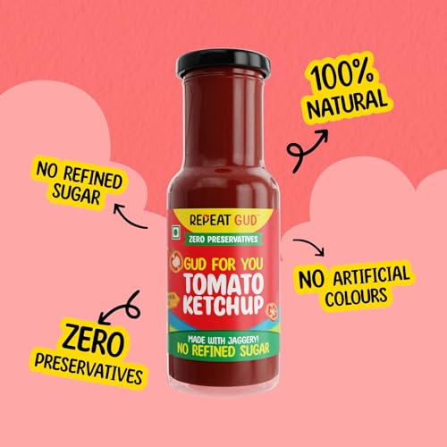Image of REPEAT GUD Healthy Tomato Ketchup For Kids | No Refined Sugar, Made With Jaggery | 100% Natural Ingredients | No Chemical | No Preservatives | No MSG | No GMO | No Cornstarch | 100 % Vegetarian | 225 gm