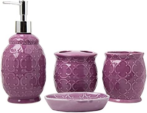 Comfify Designer 4-Piece Ceramic Bath Accessory Set | Includes Liquid Soap or Lotion Dispenser w/Toothbrush Holder, Tumbler, Soap Dish | Moroccan Trellis | Purple - Holds 15.6 oz