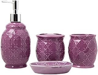 Comfify Designer 4-Piece Ceramic Bath Accessory Set | Includes Liquid Soap or Lotion Dispenser w/Toothbrush Holder, Tumbler, Soap Dish | Moroccan Trellis | Purple - Holds 15.6 oz