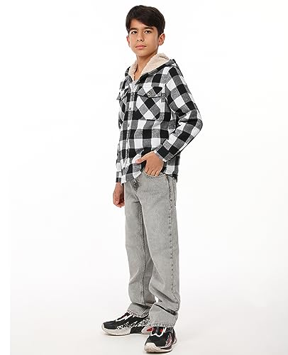 Image of ZENTHACE Boys Sherpa Fleece Lined Flannel Plaid Button Down Shirt Jacket,Hooded Flannel Shirt with Hand Pockets