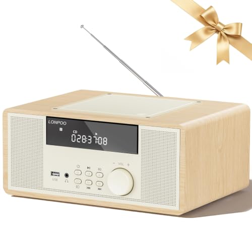 Image of LONPOO Retro Stereo System with CD Player for Home Speaker 30w Bluetooth | AUX-in,USB Playback,Earphones Output DSP-Tech,Classic Wooden Style,Remote Control