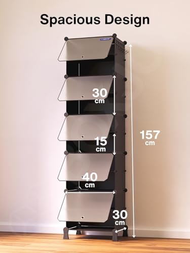 Image of BOXJOY 10 Shelf Shoe Rack with 5 Transparent Doors, 5 Hook Steel Holder & Wooden Hammer Home Storage PP Plastic Organizer with Metal Door Frame to Cover Chappal Slipper Sandals Shoes Box Stand (Black)