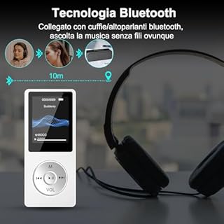 Lettore MP3 Bluetooth, 32GB Lettore MP4 Portatile HiFi Lossless Sound, MP3 Player Musicale Lettore con radio FM/Registratore Vocale/Video/E-Book, Suppota TF Fino a 128G (Cuffie Incluse)
