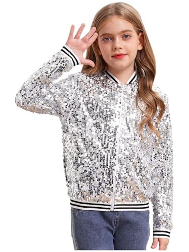 Girls Sparkle Sequin Bomber Jacket Glitter Striped Zipper