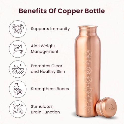 Image of Pure Copper Water Bottle 1 Litre with Sacred (7 Chakras) Geometry Design | BPA Free & Leak Proof | Copper-Infused Water | Durable & Rust Proof | Ayurveda Health Benefits - (Plain Copper)
