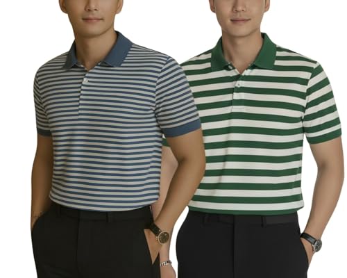 Image of MACK JONNEY Men's Cotton Polo T-Shirt | Regular Fit | Short Sleeve | Striped Casual Wear | Pack of 2 -MJ-1