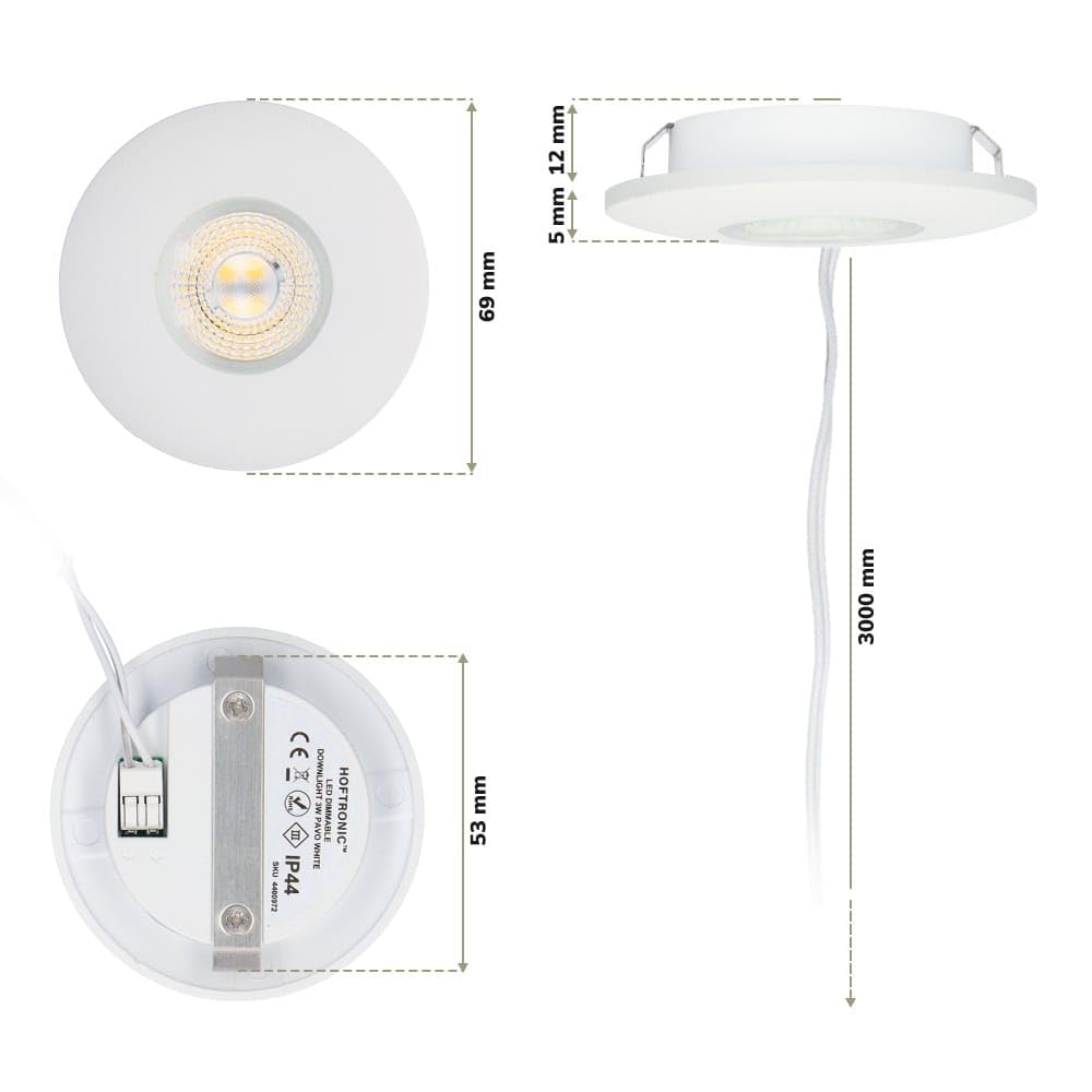 HOFTRONIC - 6er LED Einbaustrahler 230V Pavo Dimmbar Weiß 2700K Warmweiß Einbaustrahler Flach (Einbautiefe 12mm) LED Deckenleuchte IP44 für Badezimmer, Küche - Mini Möbeleinbauleuchten