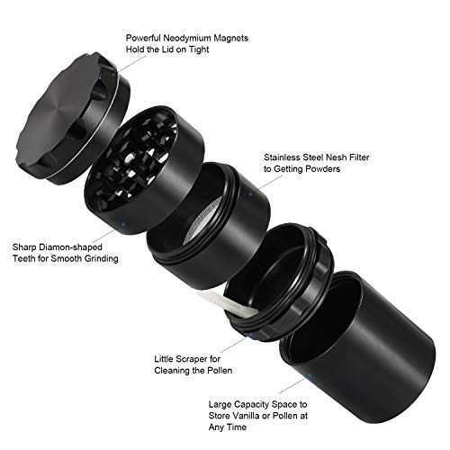 Portable With Mini Grinder - lzndeal 5 Piece 2" Herb Grinder, Spice Grinder with Pollen Catcher, Aluminium Stash jar and grinder 2 in 1 Upgraded, Metal Black