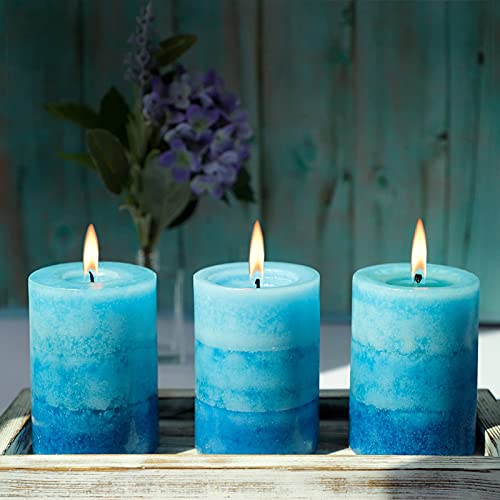 Pillar Candles Ocean Scented, Immeiscent Aromatherapy Candles, 50+ Hours Burn Long Lasting, Blue Mottled Layered Candles For Home Scented, Spa, Restaurant, Set Of 3(Dia:3Xh:4”) #TOP6