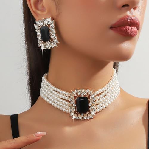 Missgrace Vintage Boho 1920s Faux Pearl Necklace Earring Set Bride Faux Pearl Rhinestone Necklace Earring for Prom Bar Party Wedding3