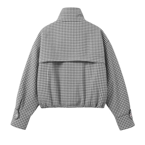 Cropped Jacket Women Stand Collar Gingham Coat Casual Zip Up Jacket - image 6