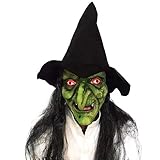 Halloween Old Witch Mask Scary Green Creepy Old Hag Mask with Hair Hat Cosplay Prop Horror Wizard Dress Up Face Cover
