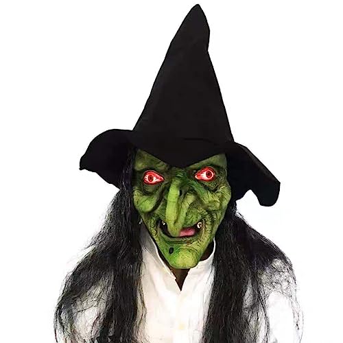 Halloween Old Witch Mask Scary Green Creepy Old Hag Mask with Hair Hat Cosplay Prop Horror Wizard Dress Up Face Cover