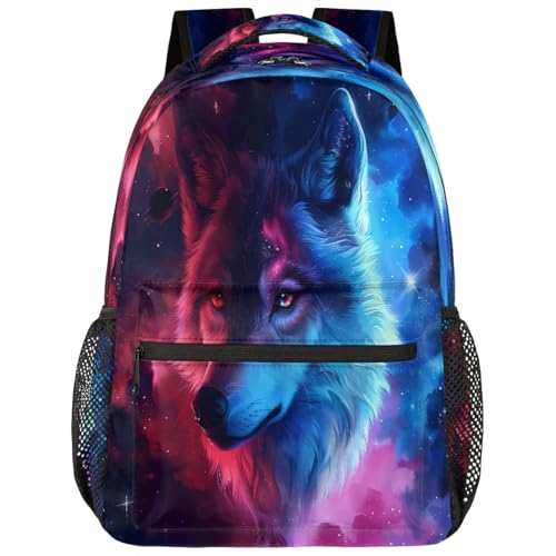 YPPAHHHH Kids School Backpack Wolf Animal Watercolor Galaxy Large Bookbag for Elementary Students Boys Girls Lightweight Travel Casual Daypack Water Resistant Outdoor Hiking Sport Rucksack