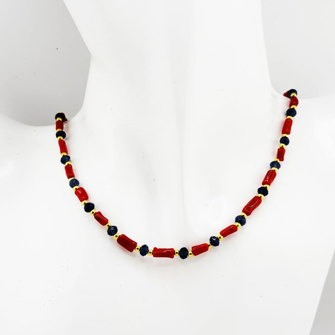 Collana cannettine corallo rosso naturale pallini di giada blu e argento 925 dorato gioiello artigianale unico unisex uomo donna made in italy lunghezza 50 cm