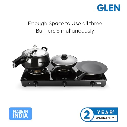 Image of Glen Toughened Glass Top LPG Gas Stove 3 Burner 70 cm | Brass Burners | Black | Auto Ignition | ISI Certified | 360 Revolving Nozzle | 2 Years Standard Warranty | 1030GTBBBLAI