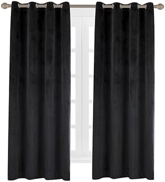 Cherry Home Set of 2 Heavy Velvet Flannel Blackout Window Curtains Drapes with Top Grommet Draperies Eyelet 52 inches Wide by 120 inches Long, Black for Bedroom Living Room