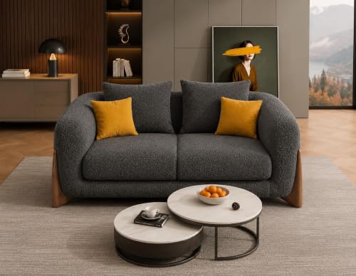 Image of Modern Sofa, Teddy Fabric, Chesterfield Style, Wooden Legs, for Living Room, Bedroom, Hallways (Dark Grey - 2 Seater)