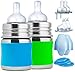 Pura Stainless Starter Gift Set with 5 oz/150 ml Stainless Steel Infant Bottles (2) Silicone Slow-Flow Nipples (2), XL Sipper Spouts (2) Sealing Disks (2), Travel Covers (2), Sleeves (2) - Aqua