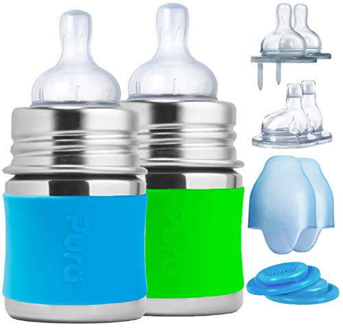Image of Pura Kiki Newborn Baby Bottle Gift Set - BPA-Free, Stainless Steel, Anti-Colic, Silicone Starter Feeding for Breastmilk & Formula - Aqua & Green, 0-18 Months
