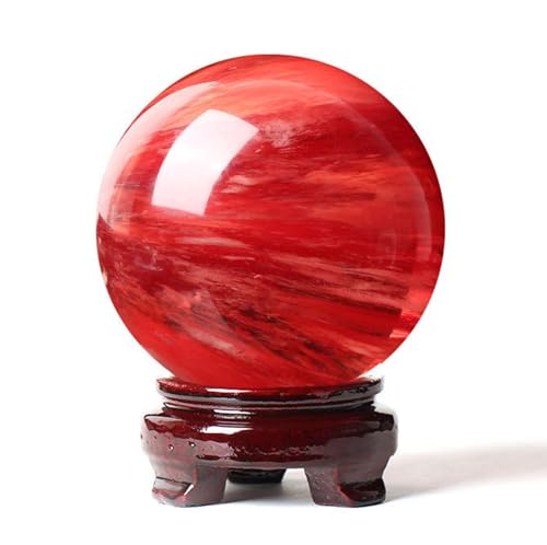 Red Crystal Ball Smelting Stone Sphere with Wood Stand Smelting Quartz Crystal Gemstone for Feng Shui Home Decoration,5cm