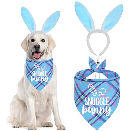 JOTFA Easter Dog Bandana Bunny Costumes Easter Bunny Dog Headband Dog Easter Outfits Bandanas for Small Medium Large Dogs (Light Blue Snuggle Bunny)