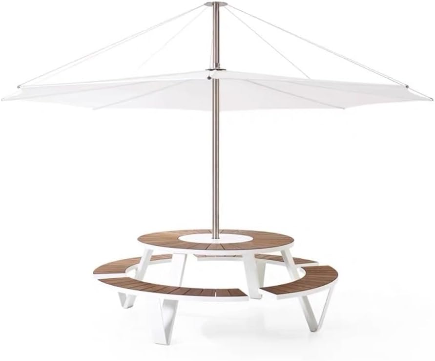Round Picnic Table with Umbrella Hole, White Wood, Outdoor Dining Furniture