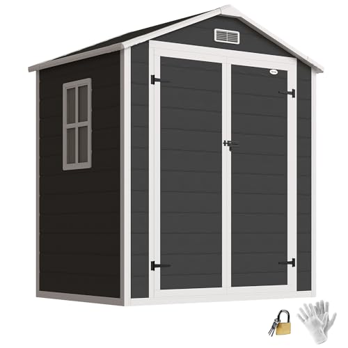 Outsunny 6 x 4.5FT Plastic Garden Shed with Floor, All Weather Resin Outdoor Storage Shed, Lockable Tool Storage with Window, Vent and Pent Roof for Patio Lawn, Black