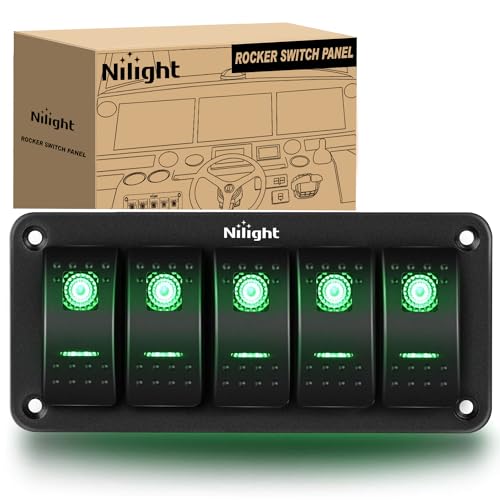 Image of Nilight 5 Gang Rocker Switch Panel SPST On Off Toggle with DIY Label Sticker | 5PIN Electrical 12V /20A 24V /10A Aluminum Plate with Pre-Wired Jumper Wires for LED Light Bar RV Boats 4X4 Cars Green