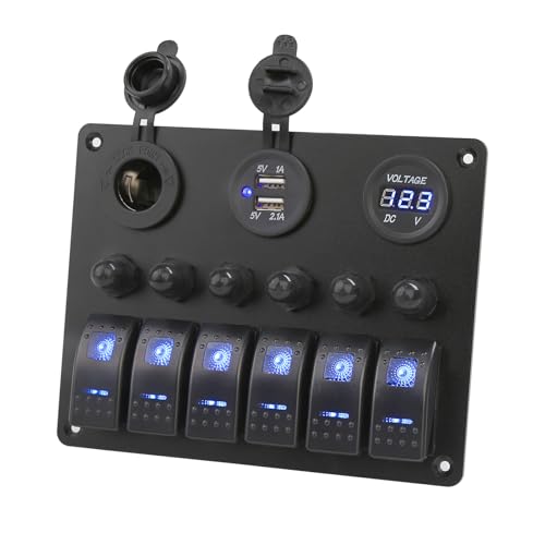 Rupse Pannello Interruttori Barca,12/24V Pulsantiera Barca con 2 USB Voltmetro 6 Gang LED Presa Caricabatterie Rocker Interruttore a Levetta ON-OFF,Presa Accendisigari IP68 per Auto Barca