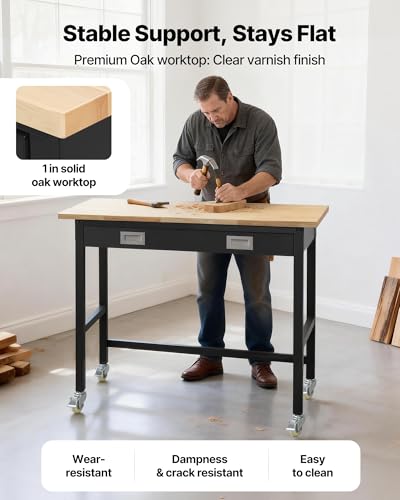 Image of VEVOR 48-inch Workbench, 1500 lbs Load Capacity, Garage Workbench with Drawer Storage & Wheels, Workshop Bench on Wheels, Heavy Duty Oak Wood Top Work Table for Garage, Workshop, Office, and Home