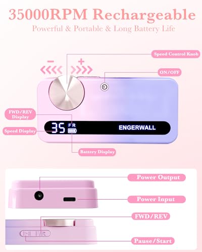 ENGERWALL Rechargeable Nail Drill 35,000 RPM, Portable Cordless Electric Nail File for Acrylic, Gel Nails, Polishing & Removal, with Nail Drill Bits Kit for Manicure & Pedicure, Pink-Blue