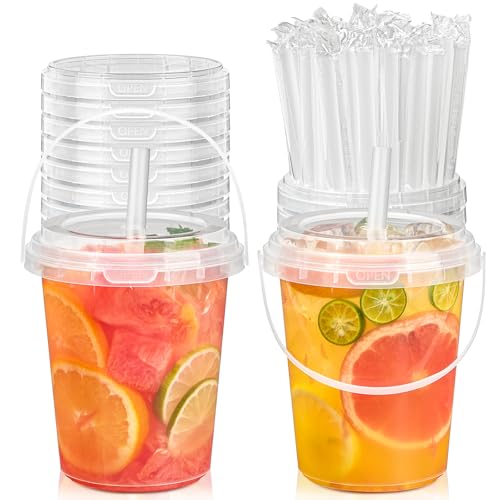 TUZAZO 15 Pack 34 oz Drink Buckets with Lids and Straws Clear Plastic Bucket Cups with Handles for Lemonade Smoothies Iced Coffee Cups Summer Beach Pool Party Supplies