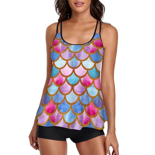 Maillot de bain tankini femme avec short de garçon et robe de plage écailles de couleur