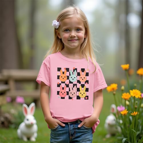 Image of SOFEON Kids Girls Easter Shirt Cute Bunny Graphic T-Shirt Funny Rabbit Flower Short Sleeve Tees Happy Easter Gift Tops