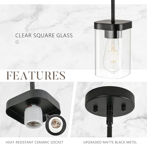 Sanoble pure Modern Pendant Light Fixtures 2-Pack, Matte Black Pendant Lights Kitchen Island with Square Transparent Glass, Glass Pendant Light for Dining Room, Bedroom, Living Room, Farmhouse by Sanoble pure - Image 3