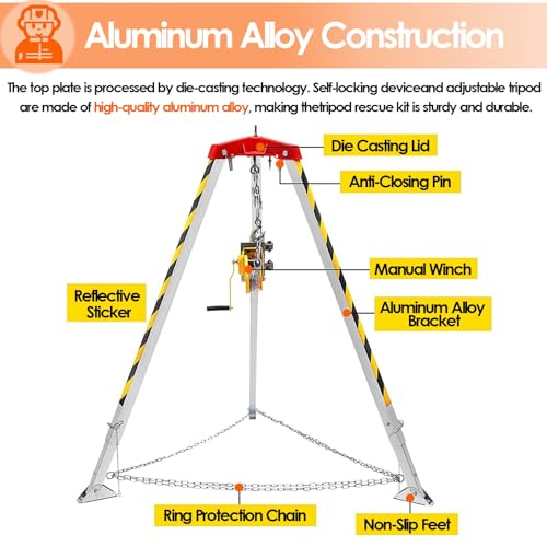 Aluminum Confined Space Tripod 7 Feet Legs, Commercial Rescue Tripod Falling Protector Bracket for Traditional Confined Spaces/Working In High Places/Firefighting (Color : 1200LBS Winch)