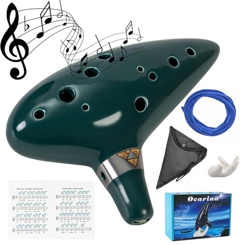 Mulucky - Mulucky Ocarina en argile naturelle à 12 trous avec accessoires | Coffret cadeau pour instrument de musique adapté aux débutants – Vert foncé