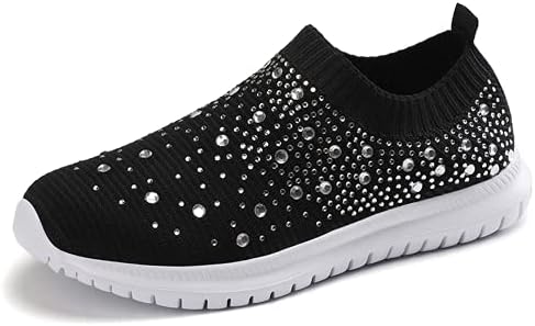 Tuotang Women's Crystal Breathable Orthopedic Slip On Walking Shoes, Sparkle Rhinestone Slip On Loafers, Knitted Anti-Slip Sneakers Casual (Black,8)