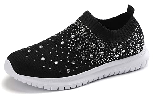 Tuotang Women's Crystal Breathable Orthopedic Slip On Walking Shoes, Sparkle Rhinestone Slip On Loafers, Knitted Anti-Slip Sneakers Casual (Black,8) #TOP1