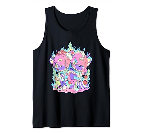 Kawaii Pastel Goth Cute and Creepy Two Headed Teddy Bear Tank Top, Black
