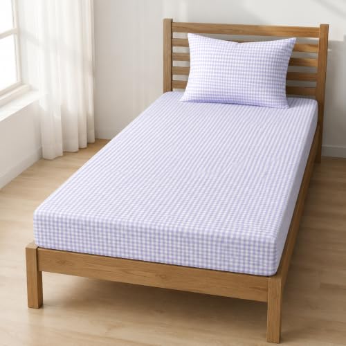 Image of la' amour Single Fitted Bedsheet with 1 Pillow Cover, Soft Breathable Elastic Bed Sheet for Single Bed, Premium Printed Bedsheet with All Around Elastic - 36 x 72 + 6 Inches, Cheks Light Lavender