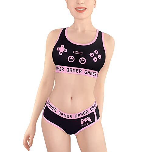 LittleForBig Mujer Camisola y Bragas de algodón Conjunto Bralette de Ropa Deportiva de salón - Playgirl Negro S