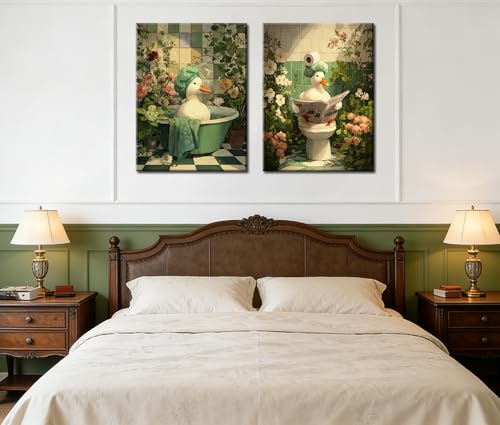 Image of Frimeeme Duck Green Botanical Bathtub Canvas Wall Art,12x16 Inch