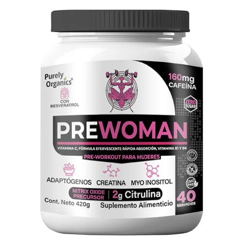 Creatinas, Preentrenador para mujeres, Pre Woman: Cafeína, Creatina, Inositol, balance perfecto de Electrolitos, Resveratrol. Bote con 40 servicios. Purely Organics.