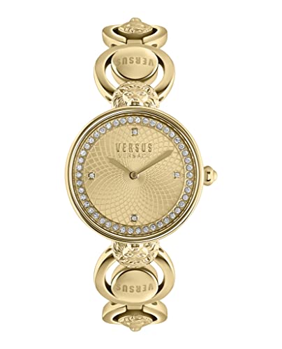 Versus Versace Silver Guilloché Dial Womens High Fashion Crystal Watch. Victoria Harbour Collection Featuring Adjustable Gold Bracelet and Swarovski Crystals