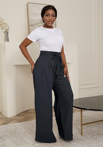 Famnbro Womens Wide Leg Work Pants High Waist Tie Belt Loose Fit Slacks Business Casual Dressy Trousers Pants4